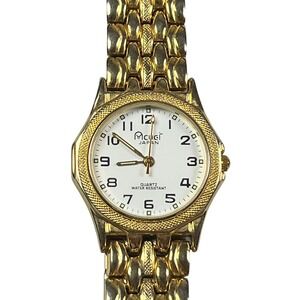 Acuet Japan Quartz Gold Tone Link Bracelet Watch White Dial Water Resistant 8"